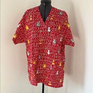 Red Graphic Love Print Animals Cats Dogs XO Medical Scrub Shirt